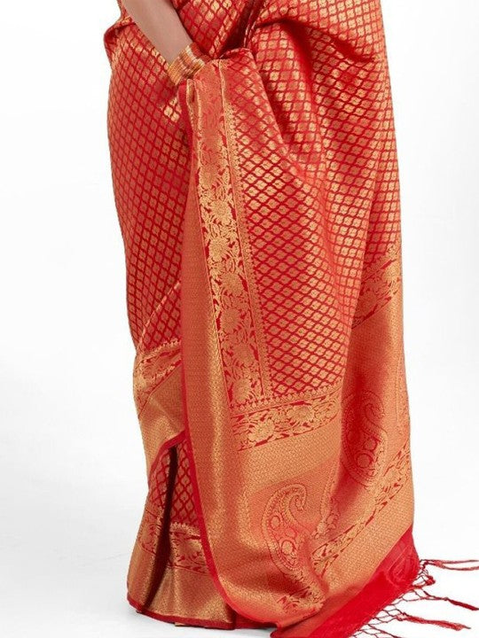 Golden Red Zari Woven Kanjivaram Silk Saree