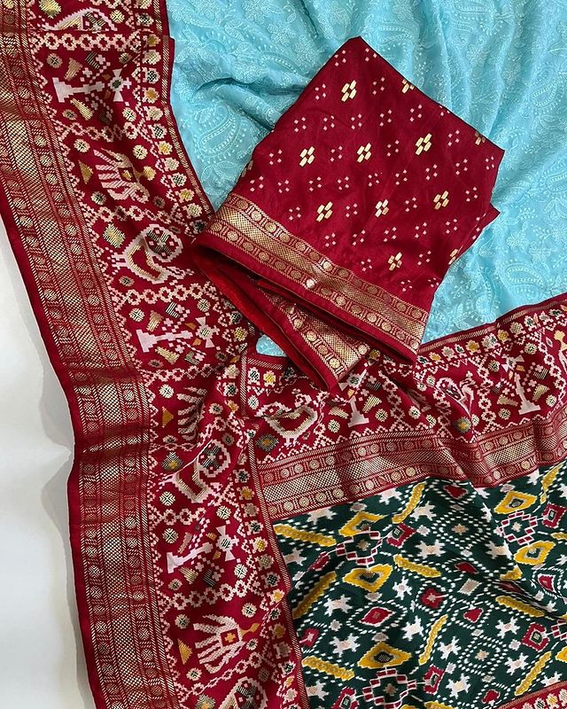 Sky Blue Embroidery Chikankari Patola Handloom Saree with Contrass Blouse