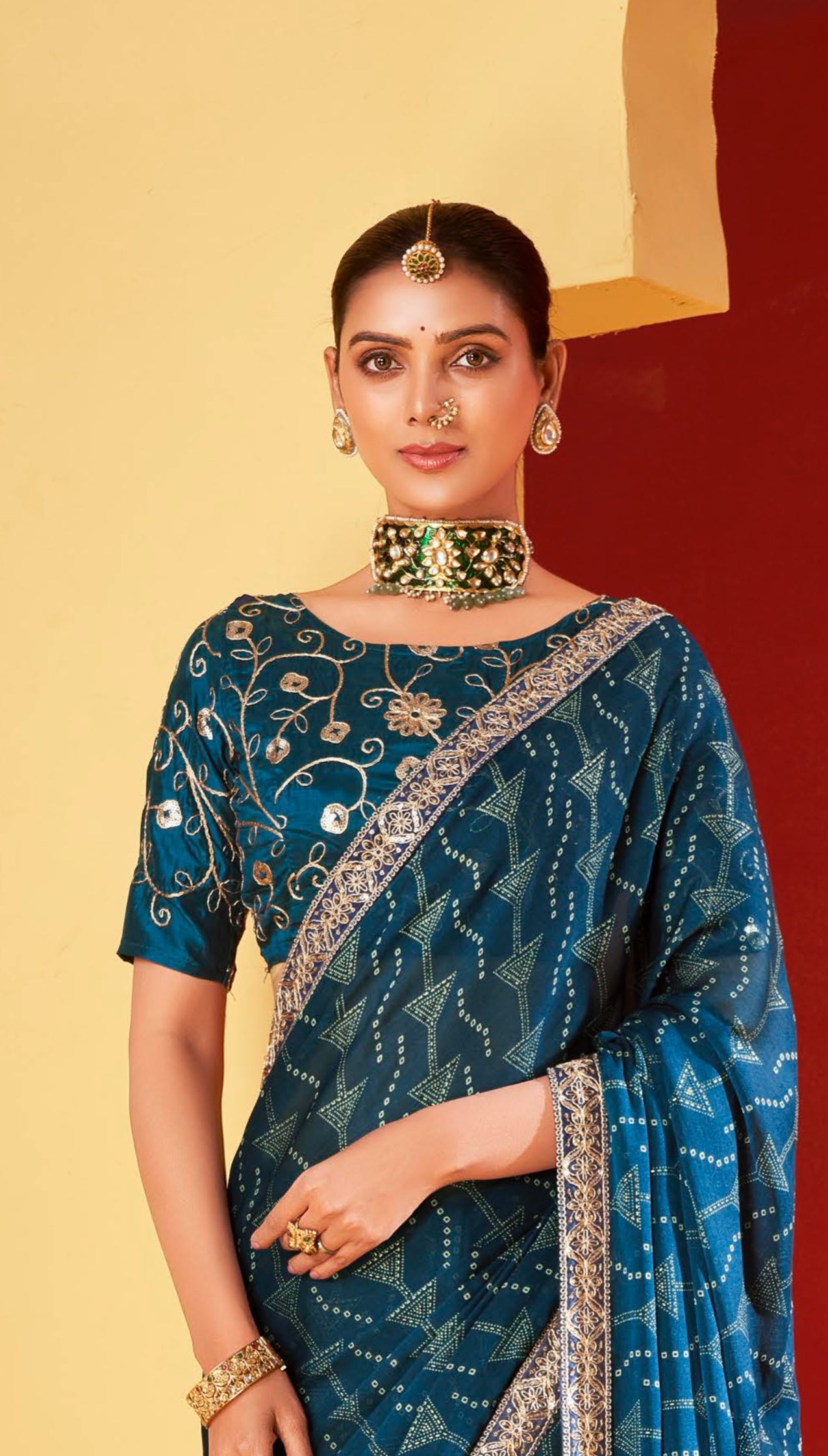 Dark Blue Gray Moss Chiffon Foil Mill Print And Embroidery Work Border Saree With Fancy Work Blouse Sbs4