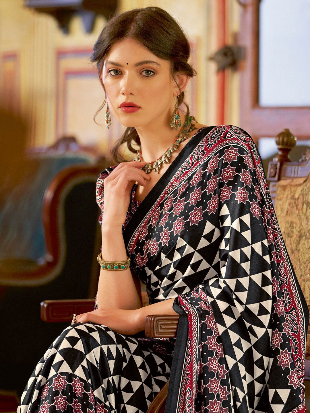 Black New Ajrakh Printed Satin Crepe Saree