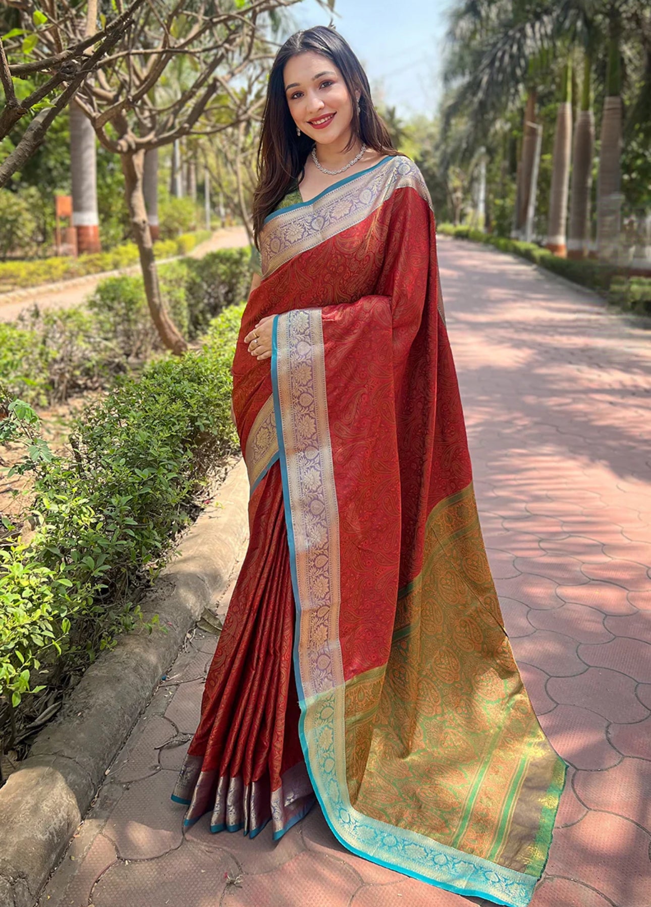 Red Tone Kashmiri Work Silk Saree With Weaving Pallu
