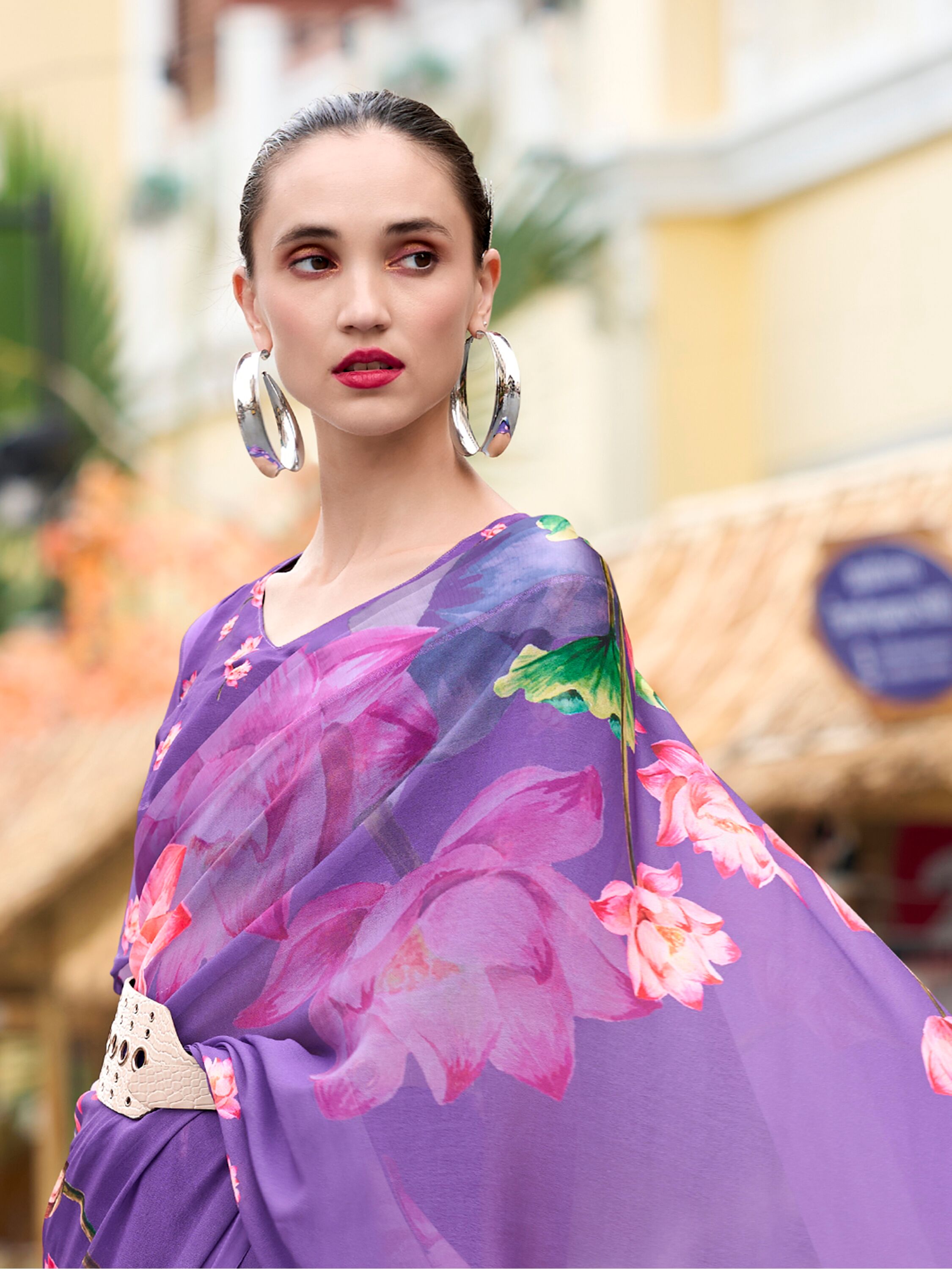 Beautiful Purple Pure Georgette Floral Printed Trending Saree