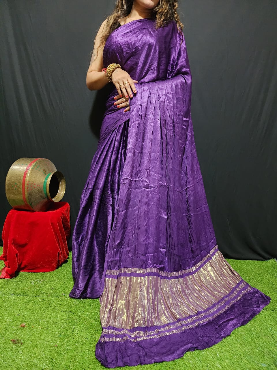 Purple Plain Pure Modal Gajji Silk Saree With Zari Pallu Natural dyeing Saree