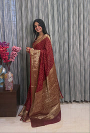 Red Bandhani Zari Woven Kanjiwaram Pallu Silk Saree