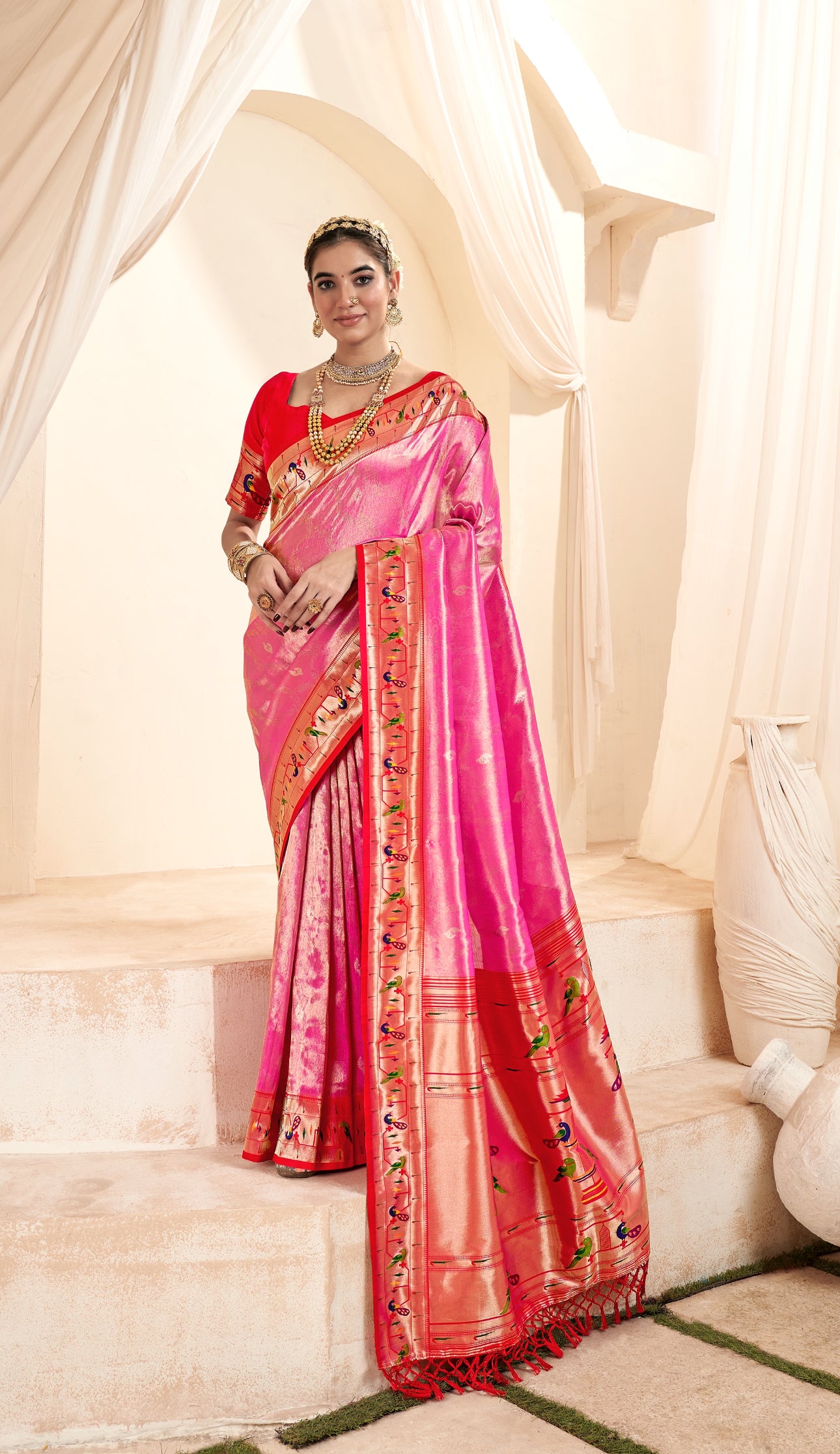 Rosy Pink Weaving Paithani Tissue Silk Saree RP5