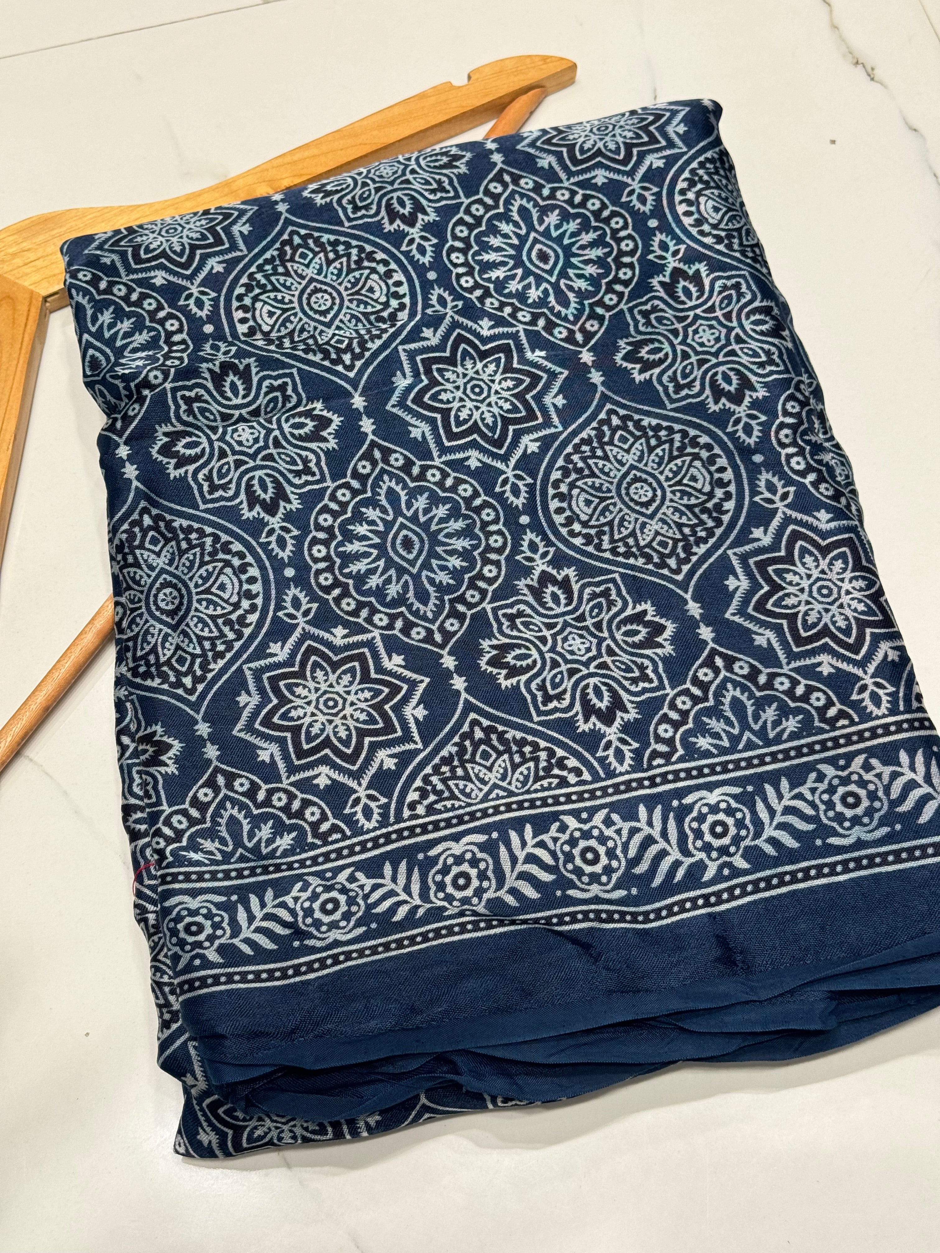 Indigo Blue Ajrakh Hand Block Modal Silk Saree With Fancy Ajrakh Pallu