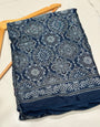 Indigo Blue Ajrakh Hand Block Modal Silk Saree With Fancy Ajrakh Pallu