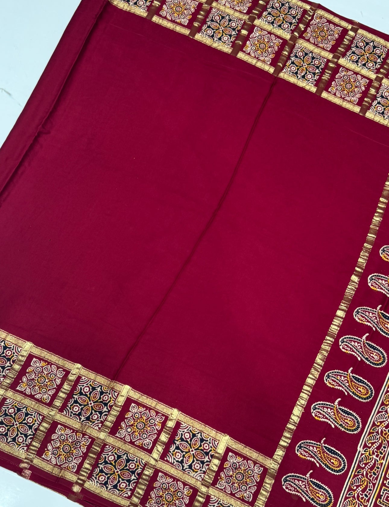 Maroon Ajrakh Gharchola Border Hand Block Pure Modal Silk Saree With Fancy Ajrakh And Zari Pallu 1