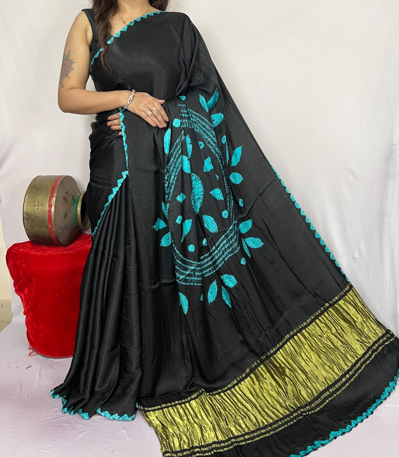 Black Shibori Bandhni Border Pure Modal Silk Plain Saree S1