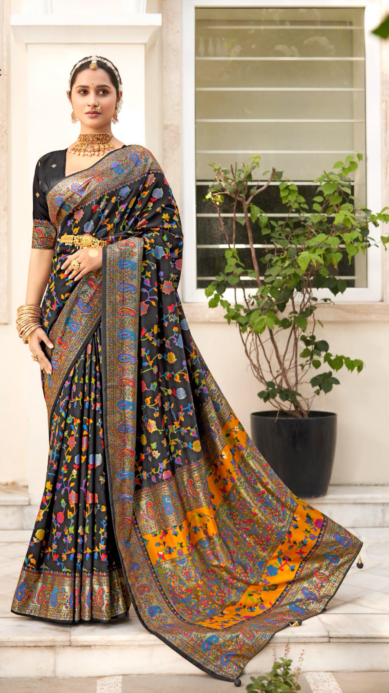 Soft Black Pashmina Printed Jamewar Silk Saree