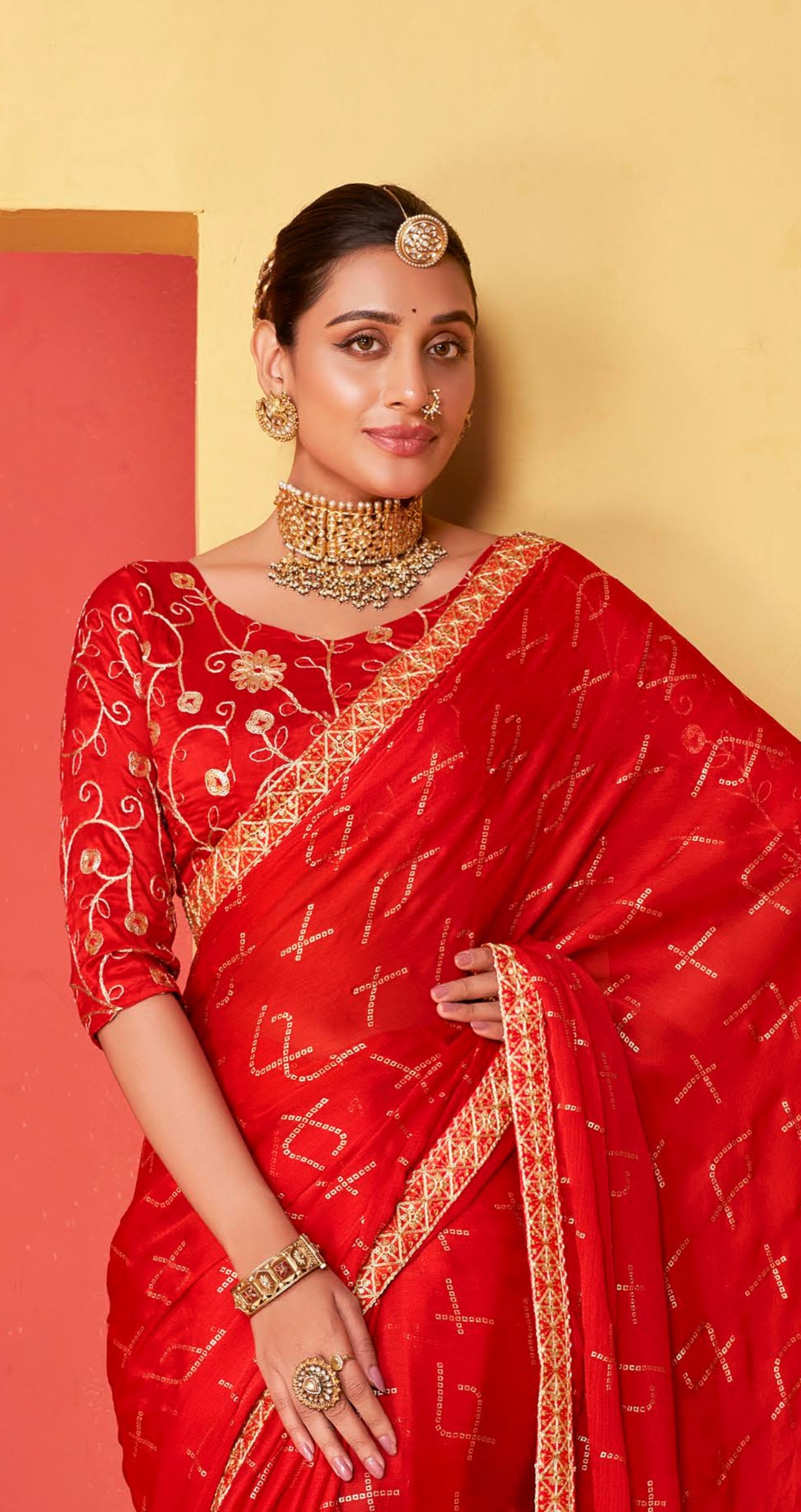 Soft Red Moss Chiffon Foil Mill Print And Embroidery Work Border Saree With Fancy Work Blouse Sbs4