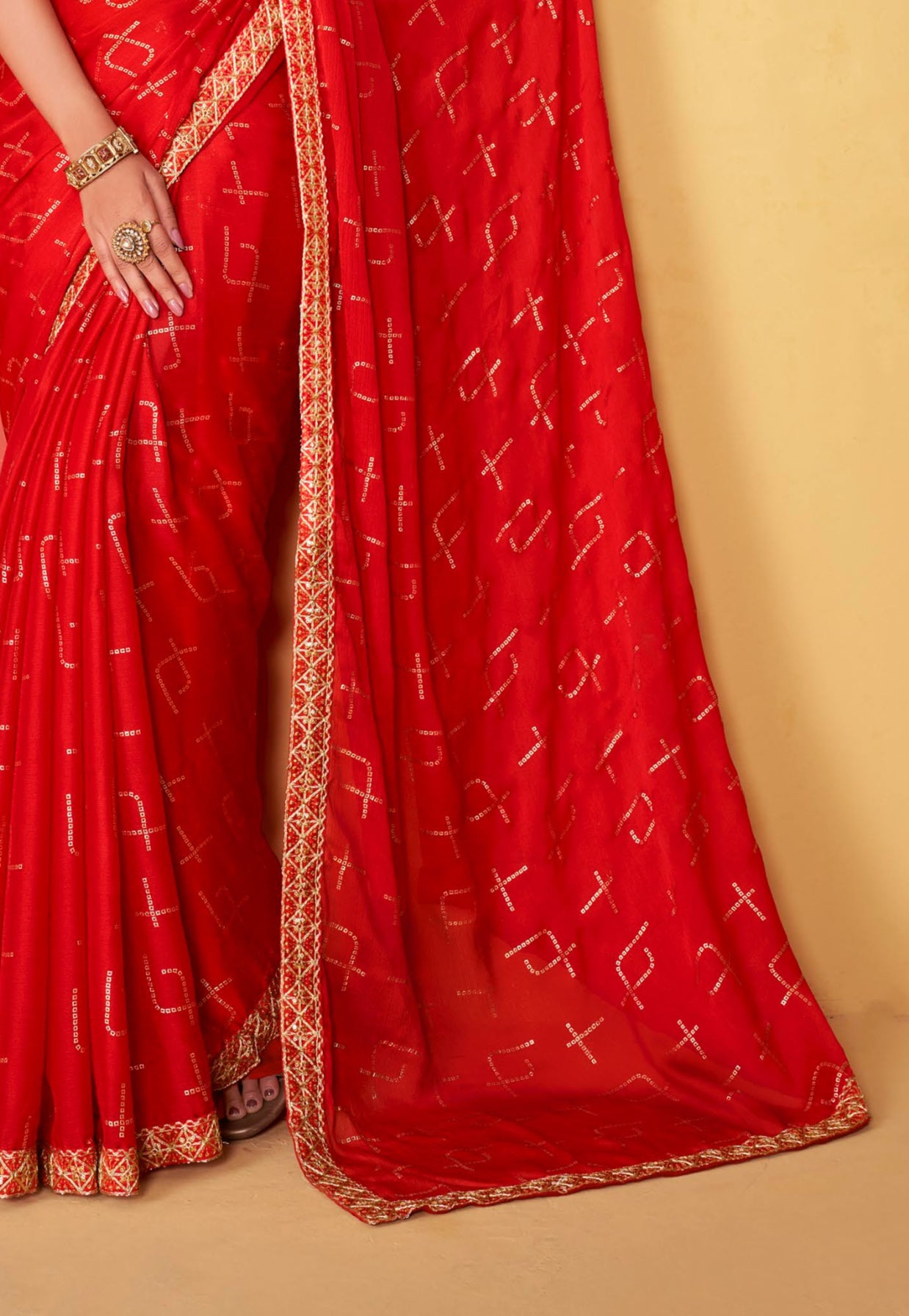 Soft Red Moss Chiffon Foil Mill Print And Embroidery Work Border Saree With Fancy Work Blouse Sbs4