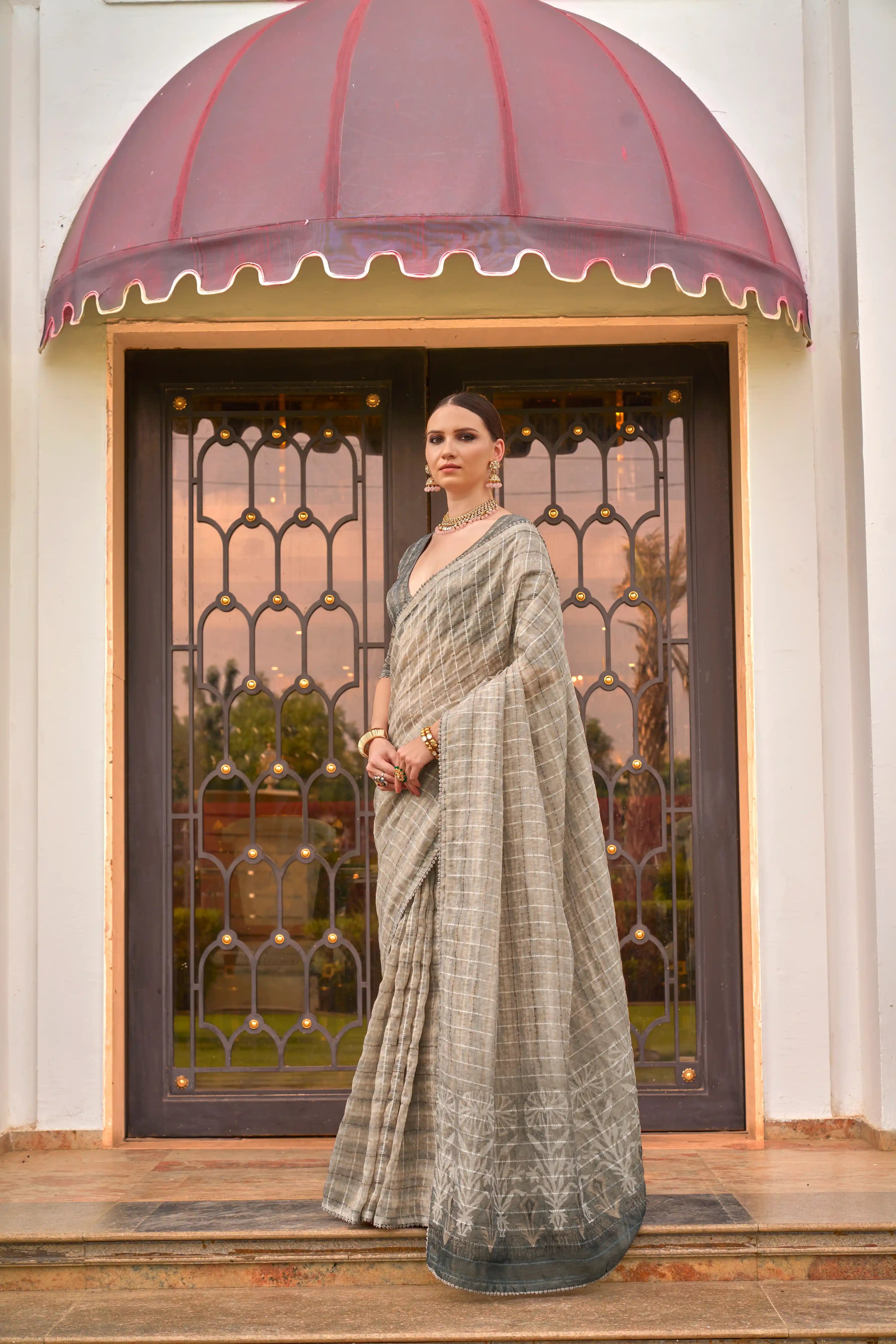 Ornate Grey Silk Saree