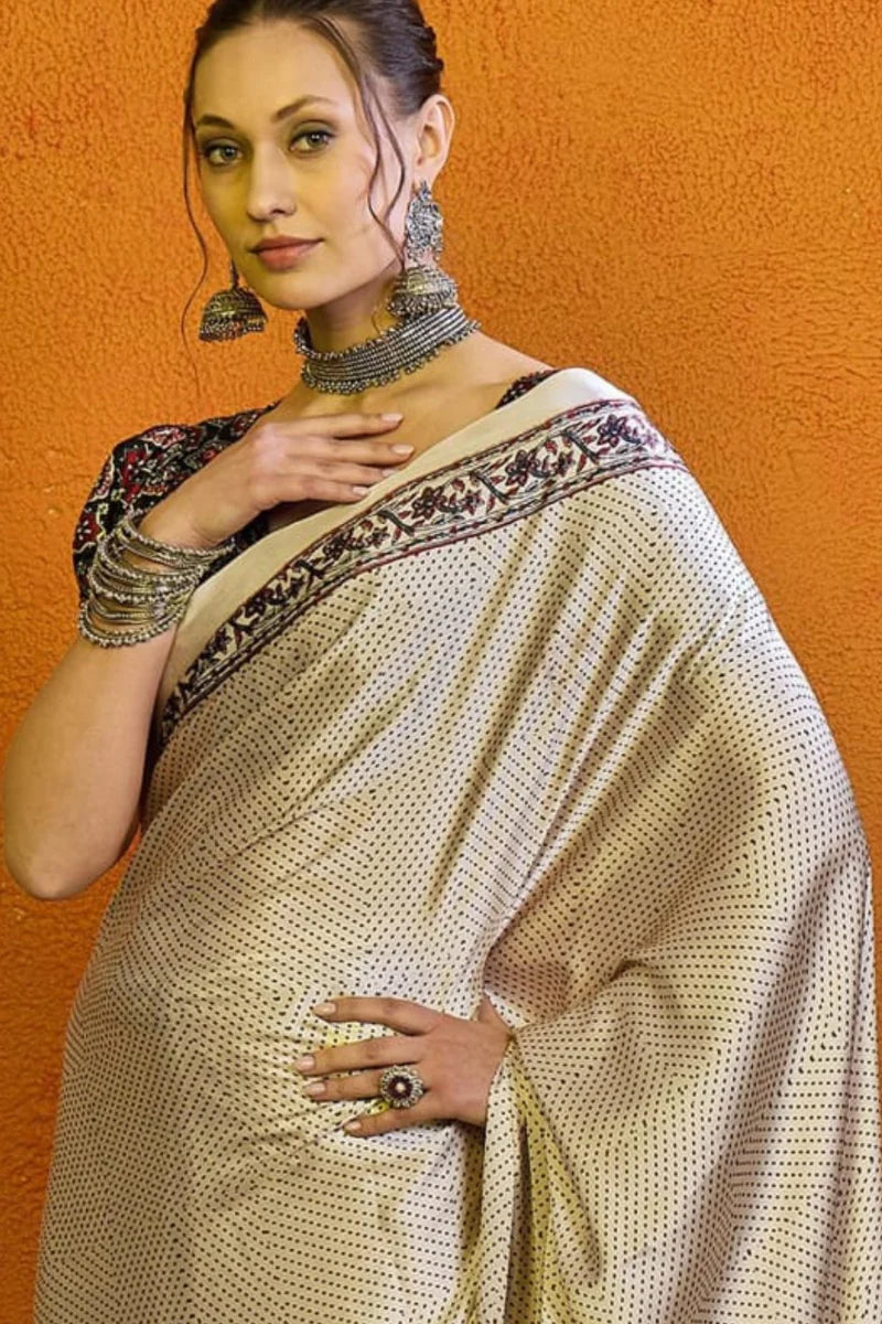 Cream Printed Ajrakh Satin Crepe Saree A2