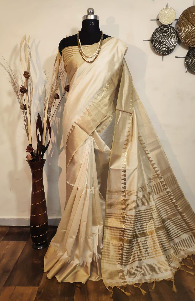 Vanilla White Woven Moss Chiffon Handloom Weaving Silk Saree