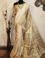 Vanilla White Woven Moss Chiffon Handloom Weaving Silk Saree