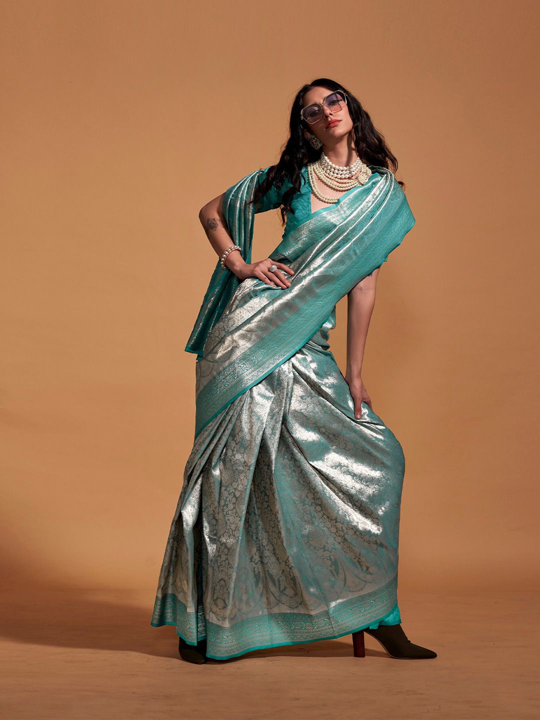 Firozi Woven Kanjivaram Soft Silk Saree