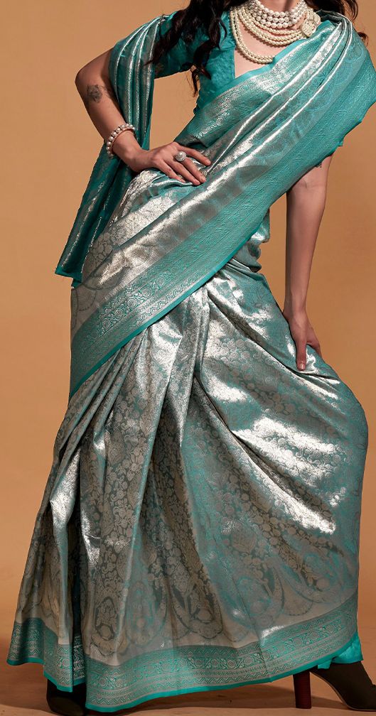 Firozi Woven Kanjivaram Soft Silk Saree