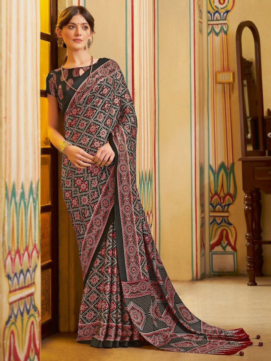 Black New Ajrakh Printed Satin Crepe Saree