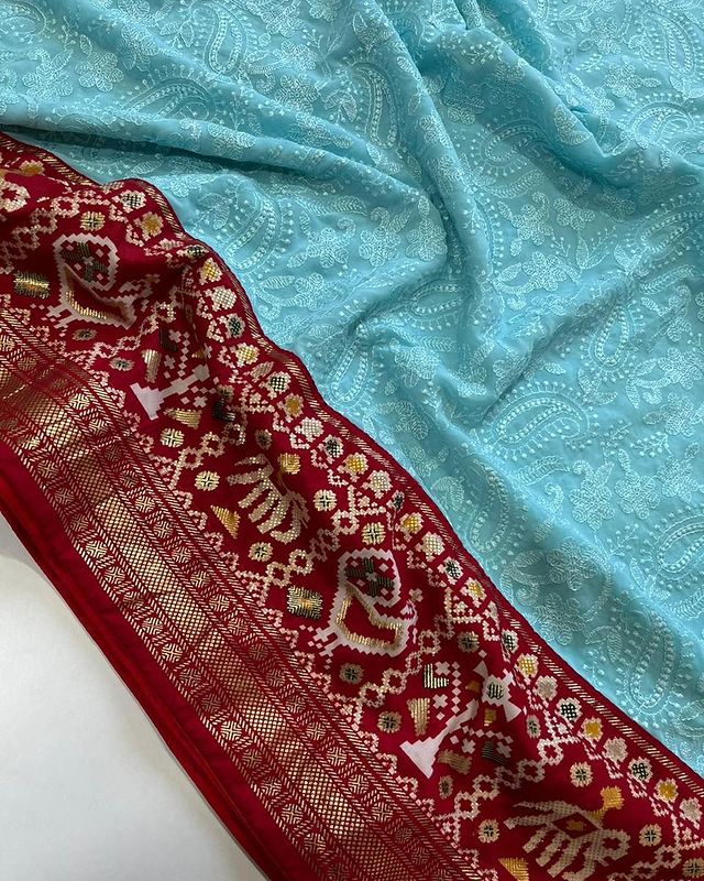 Sky Blue Embroidery Chikankari Patola Handloom Saree with Contrass Blouse