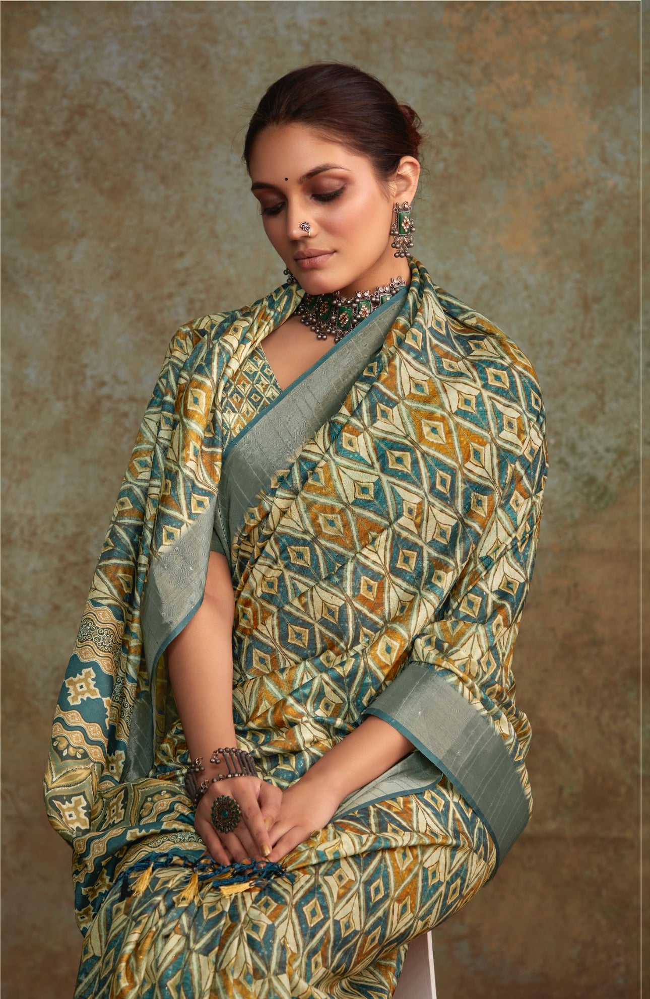 Mineral Green Banarasi Lining Digital Printed Saree RP7