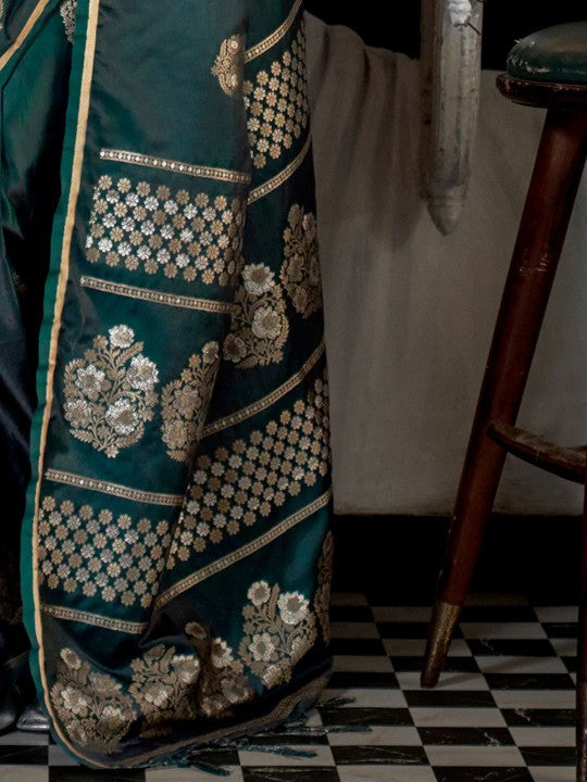 Emerald Green Woven Handloom Banarasi Satin Silk Saree