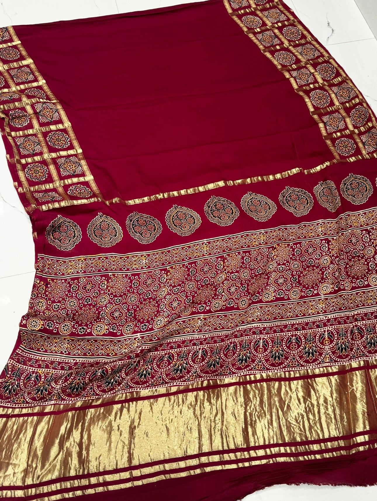 Maroon Ajrakh Gharchola Border Hand Block Pure Modal Silk Saree With Fancy Ajrakh And Zari Pallu