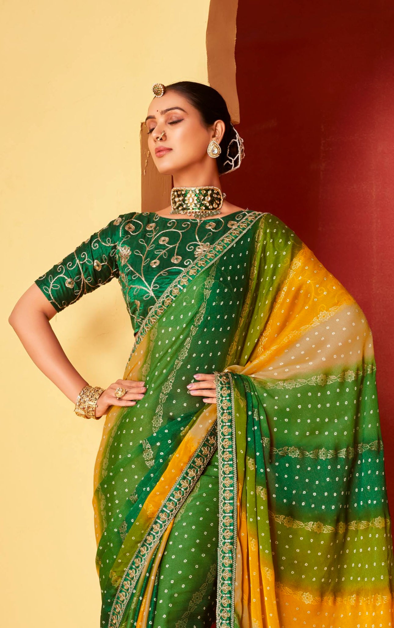 Multi Color Leriya Moss Chiffon Foil Mill Print And Embroidery Work Border Saree With Fancy Work Blouse Sbs4