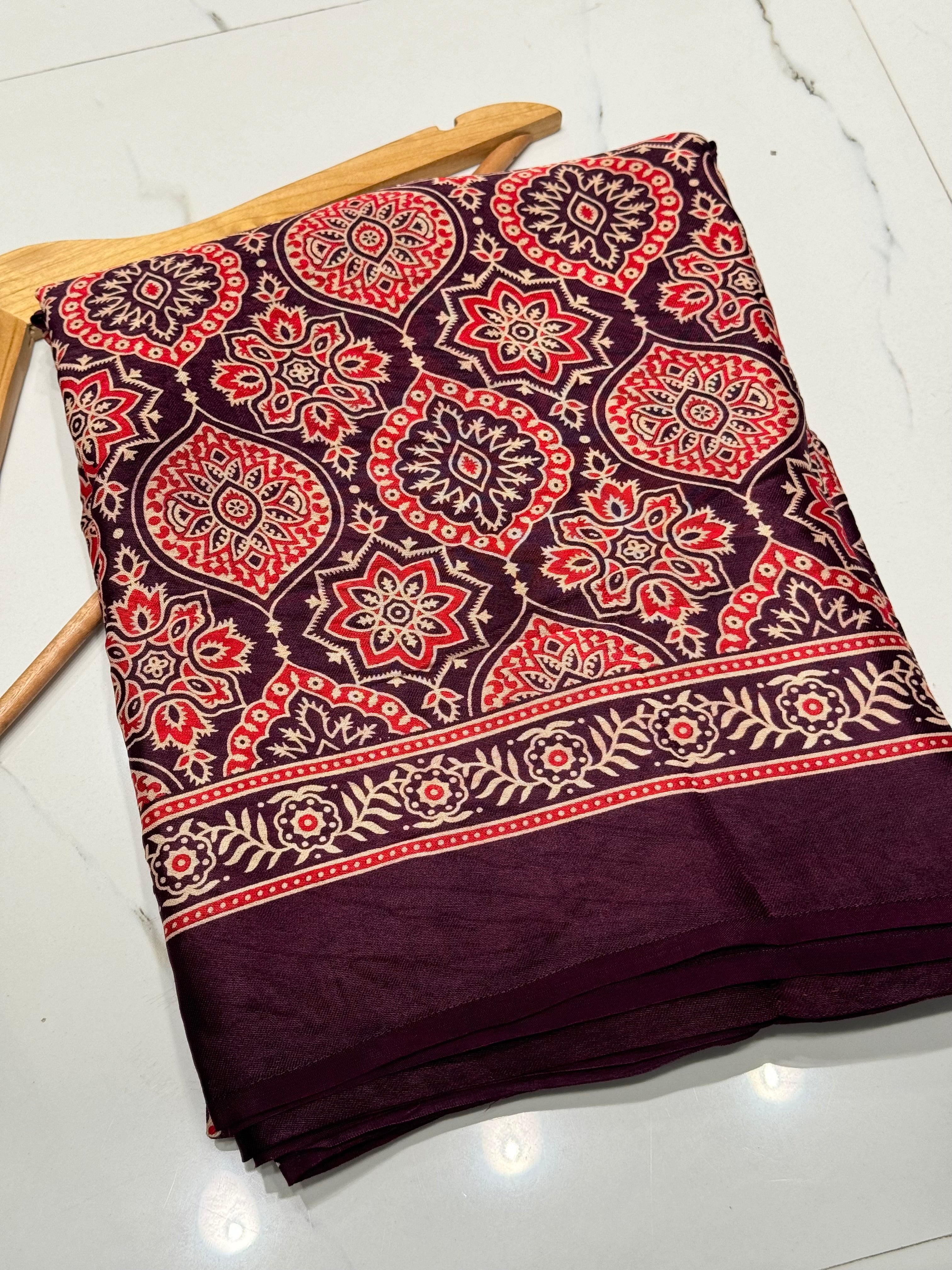 Dark Wine Ajrakh Hand Block Modal Silk Saree With Fancy Ajrakh Pallu