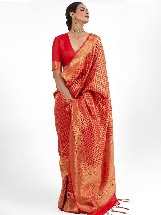Golden Red Zari Woven Kanjivaram Silk Saree