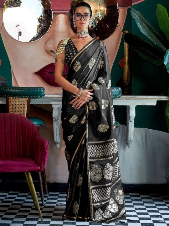 Beautiful Black Woven Handloom Banarasi Satin Silk Saree