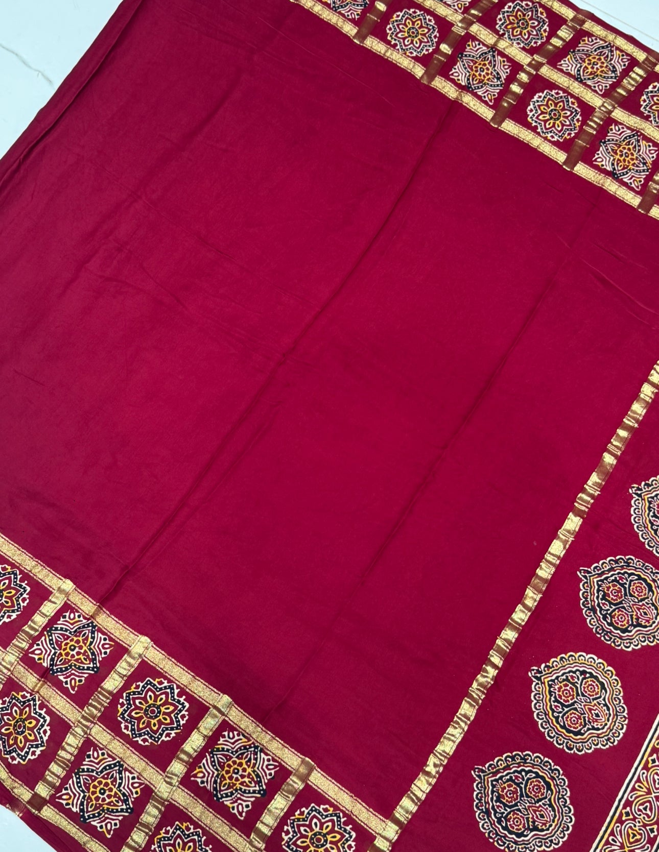 Maroon Ajrakh Gharchola Border Hand Block Pure Modal Silk Saree With Fancy Ajrakh And Zari Pallu