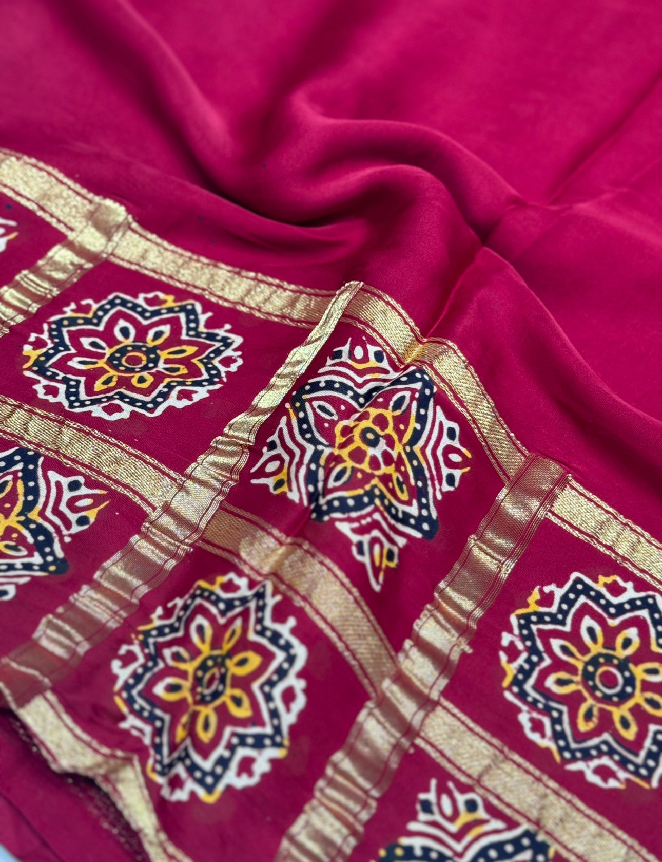 Maroon Ajrakh Gharchola Border Hand Block Pure Modal Silk Saree With Fancy Ajrakh And Zari Pallu