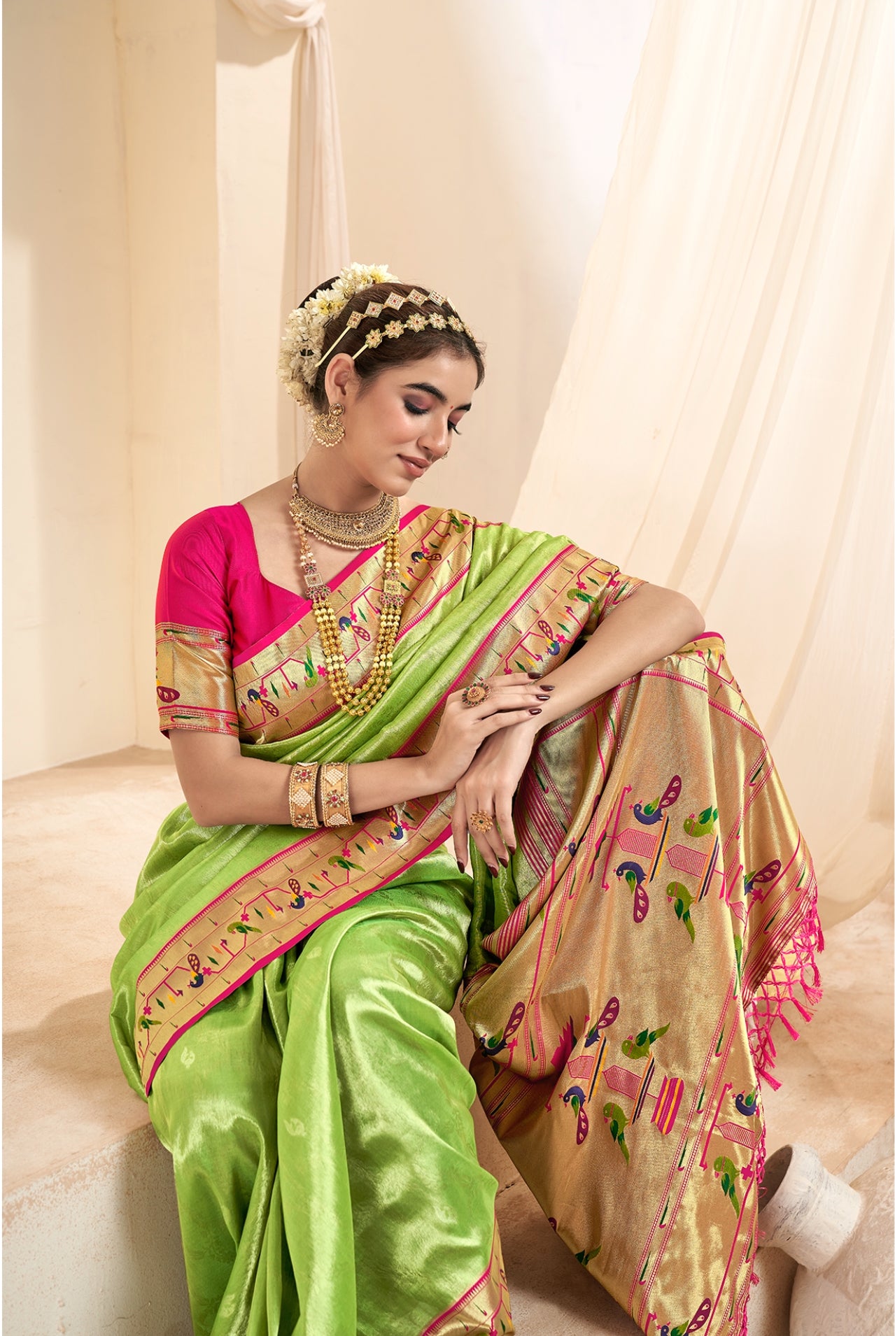 Light Olive Green Weaving Paithani Tissue Silk Saree RP5