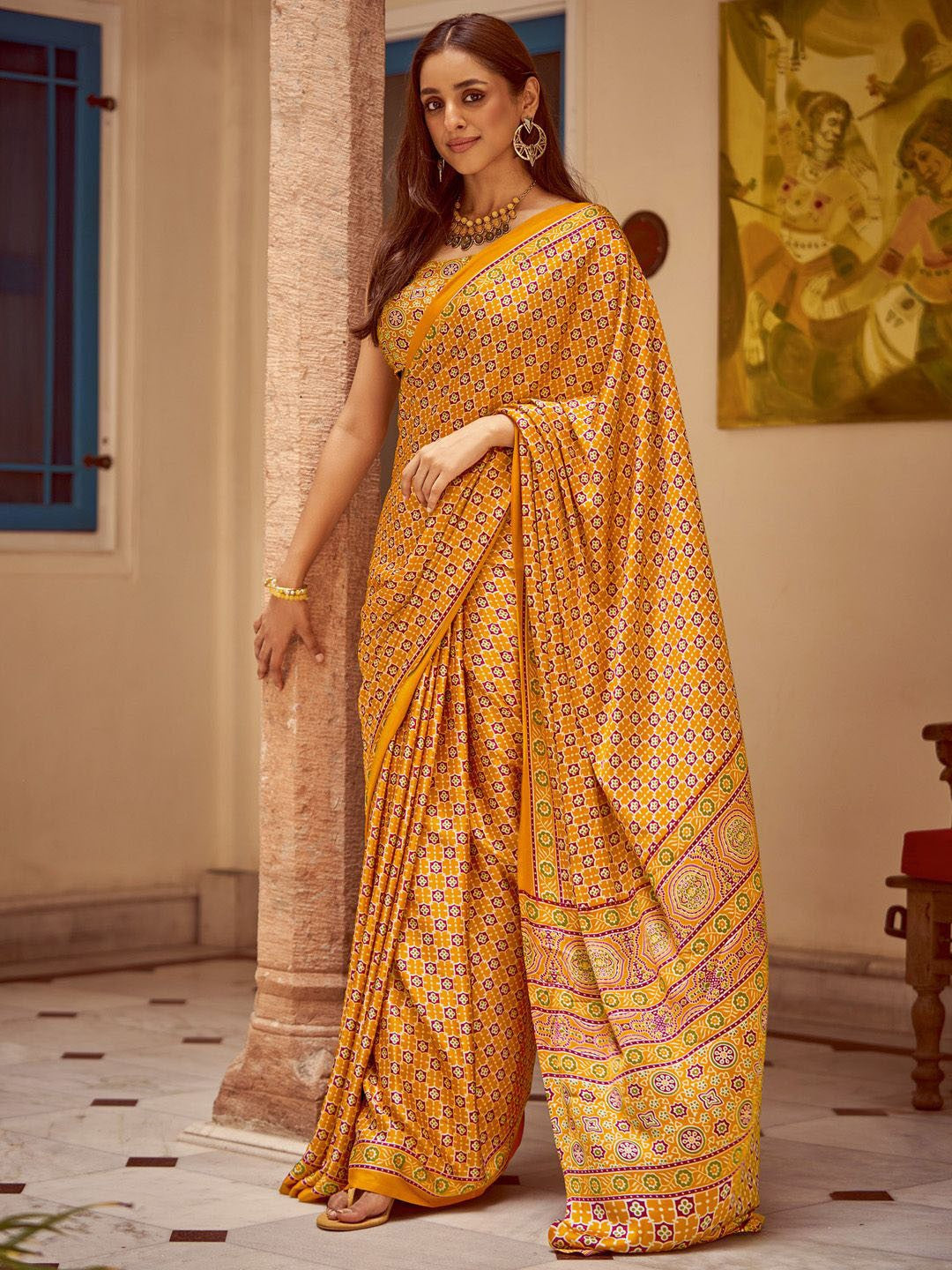 Mustard New Ajrakh Printed Satin Crepe Saree