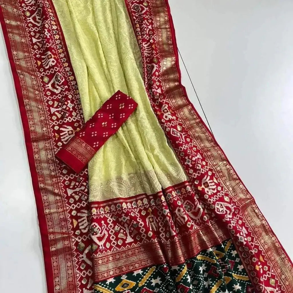 Leman Embroidery Chikankari Patola Handloom Saree with Contrass Blouse