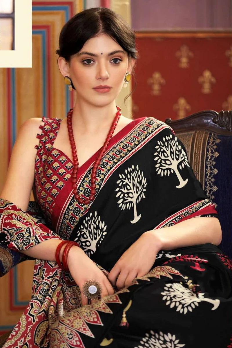 Black And Red New Ajrakh Printed Satin Crepe Saree