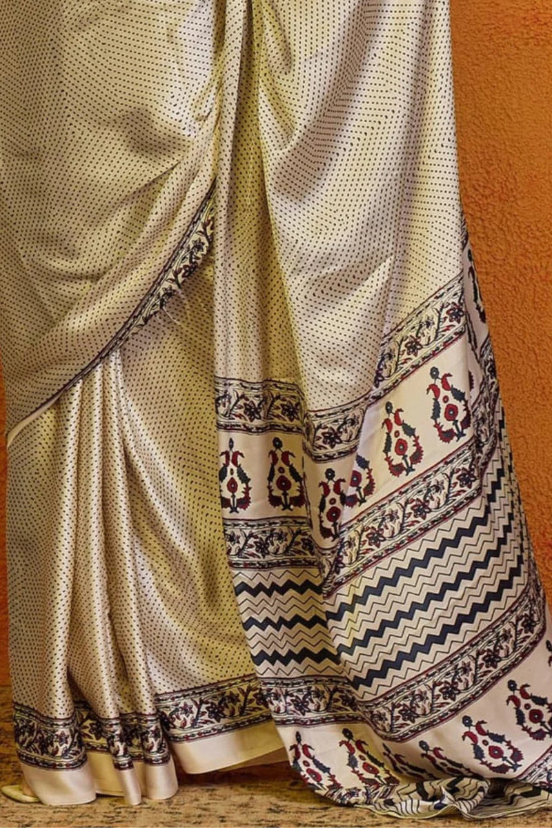 Cream Printed Ajrakh Satin Crepe Saree A2