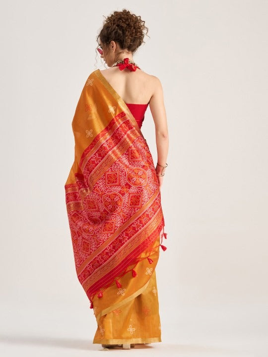 Orange Patola Handloom Saree With Fancy Blouse