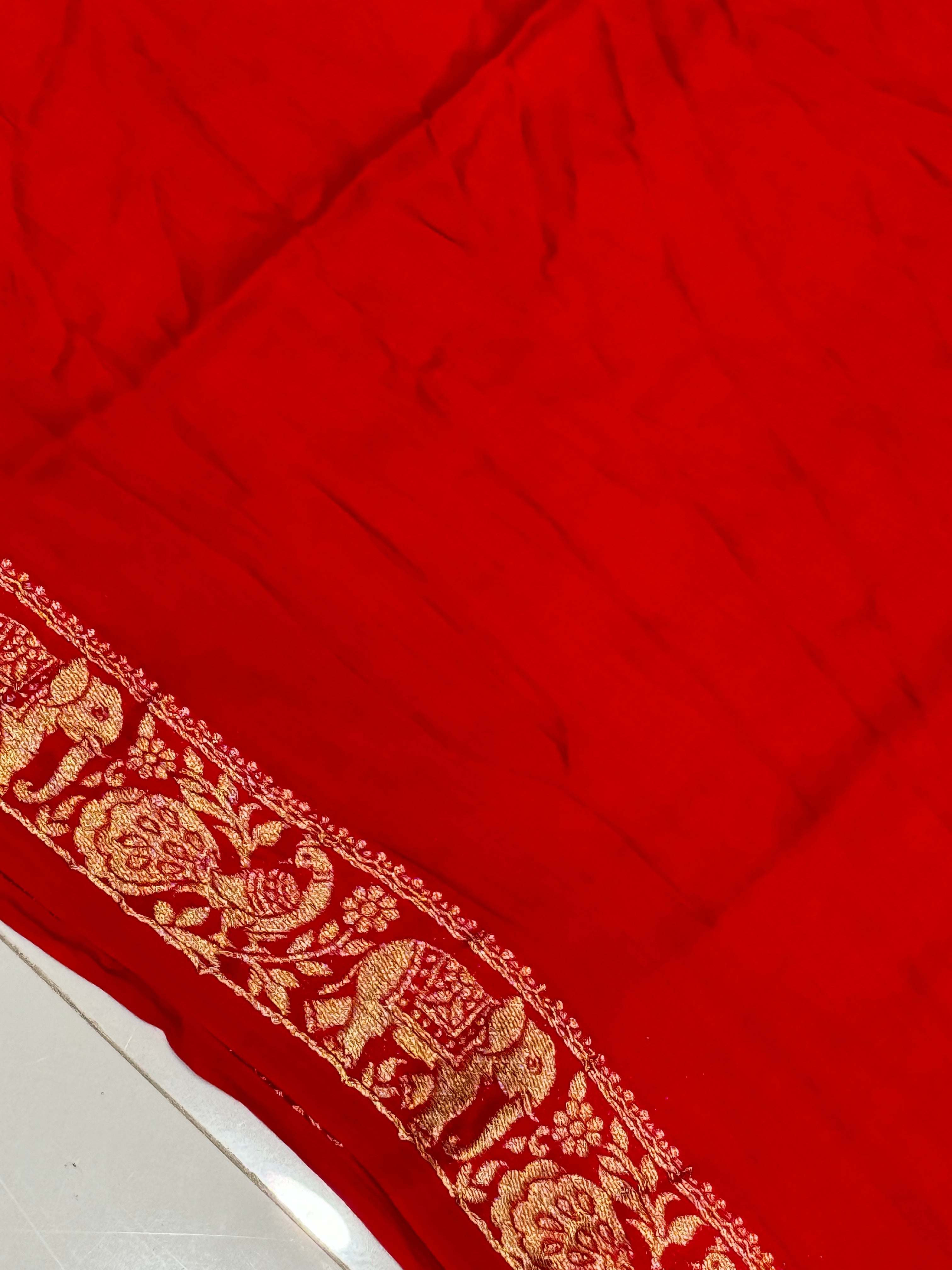 Ruby Red Plain Gajji Silk Nakshi Border Pallu Saree