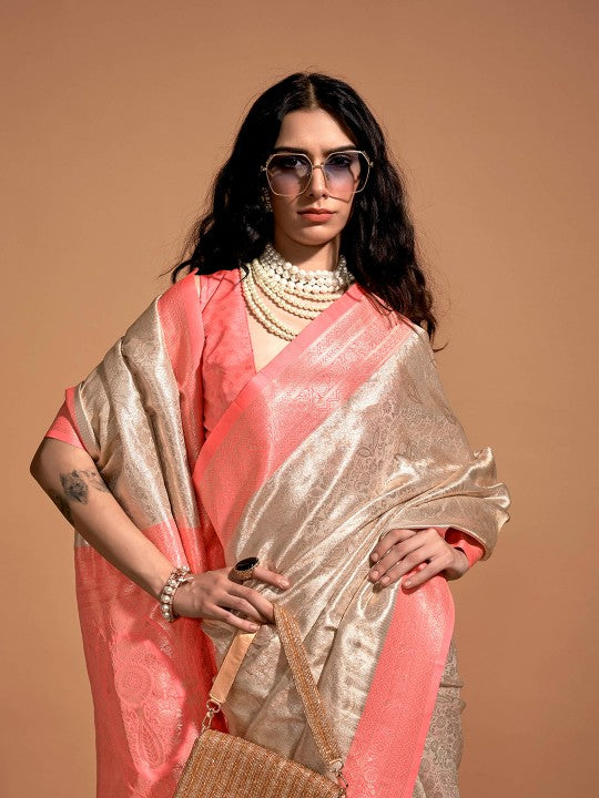 White And Peach Woven Kanjivaram Soft Silk Saree
