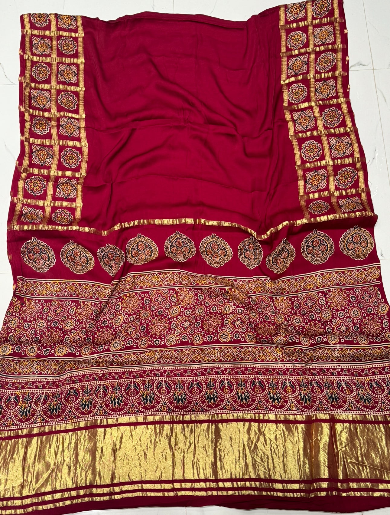 Maroon Ajrakh Gharchola Border Hand Block Pure Modal Silk Saree With Fancy Ajrakh And Zari Pallu