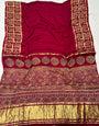 Maroon Ajrakh Gharchola Border Hand Block Pure Modal Silk Saree With Fancy Ajrakh And Zari Pallu