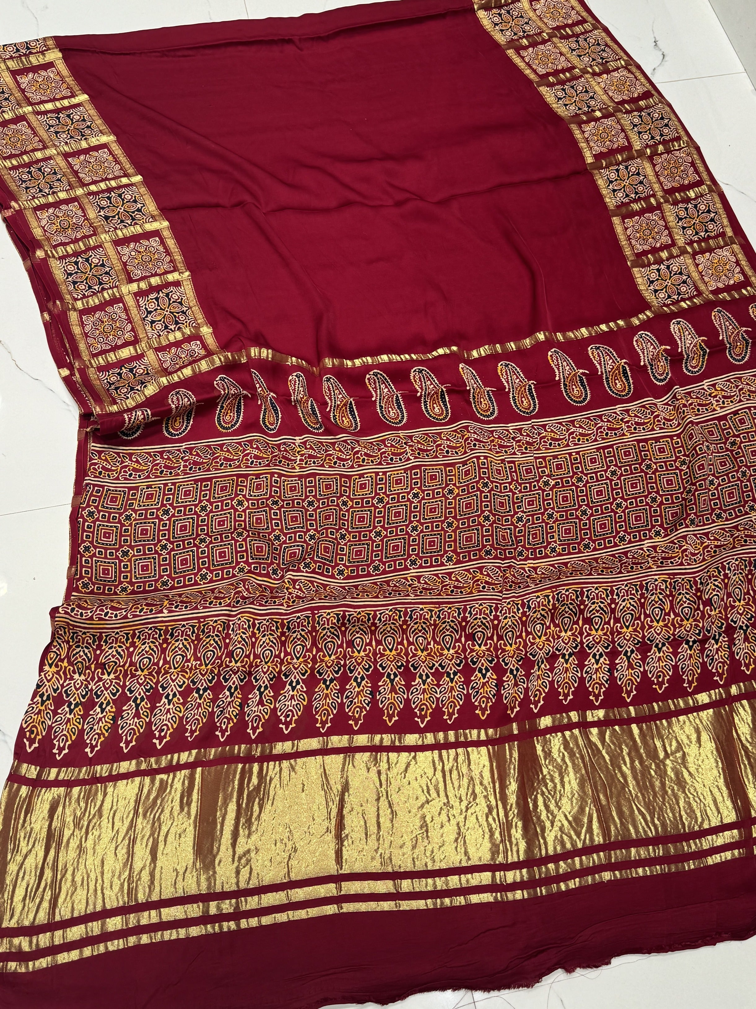 Maroon Ajrakh Gharchola Border Hand Block Pure Modal Silk Saree With Fancy Ajrakh And Zari Pallu 1