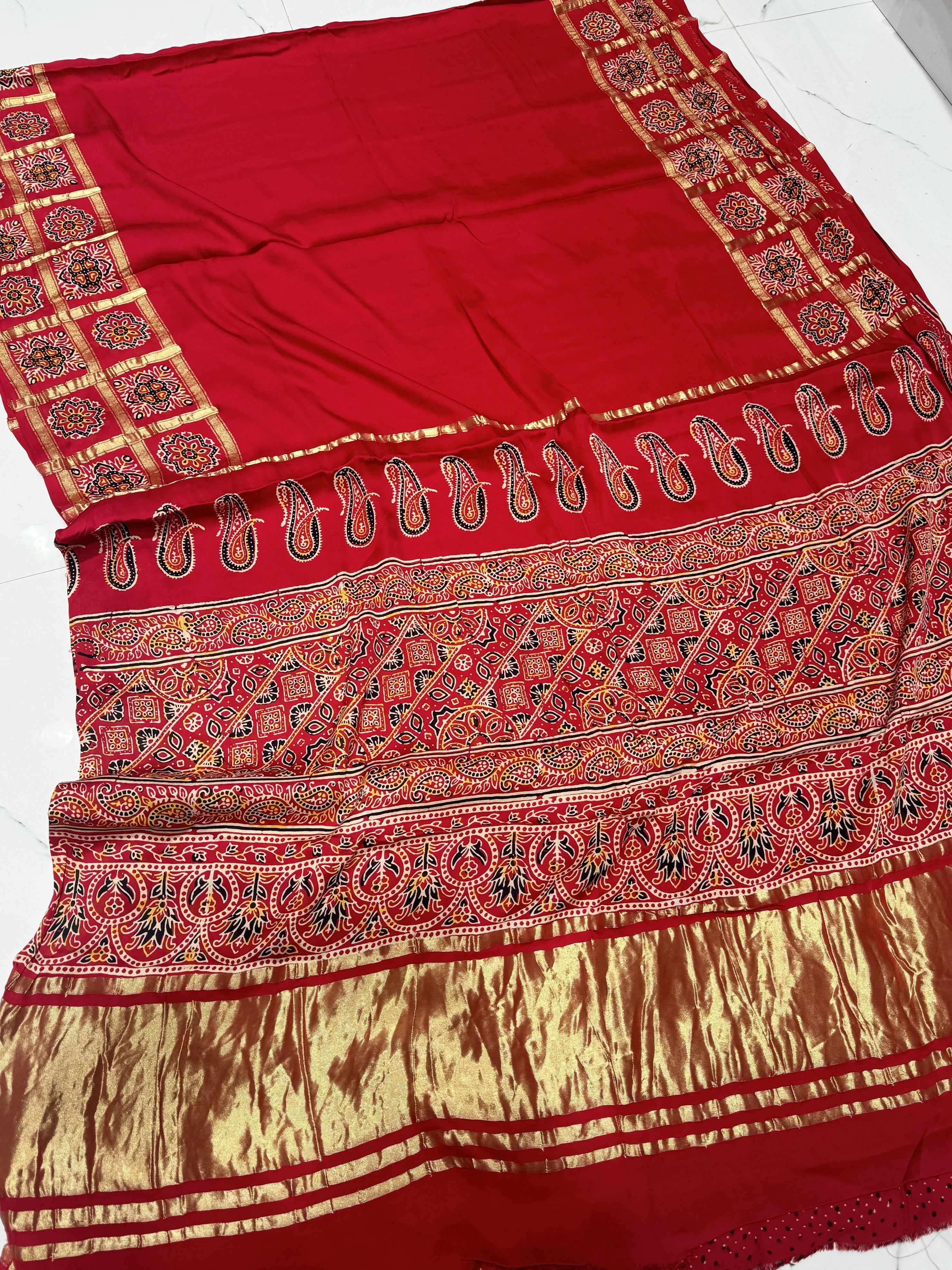 Red Ajrakh Gharchola Border Hand Block Pure Modal Silk Saree With Fancy Ajrakh And Zari Pallu