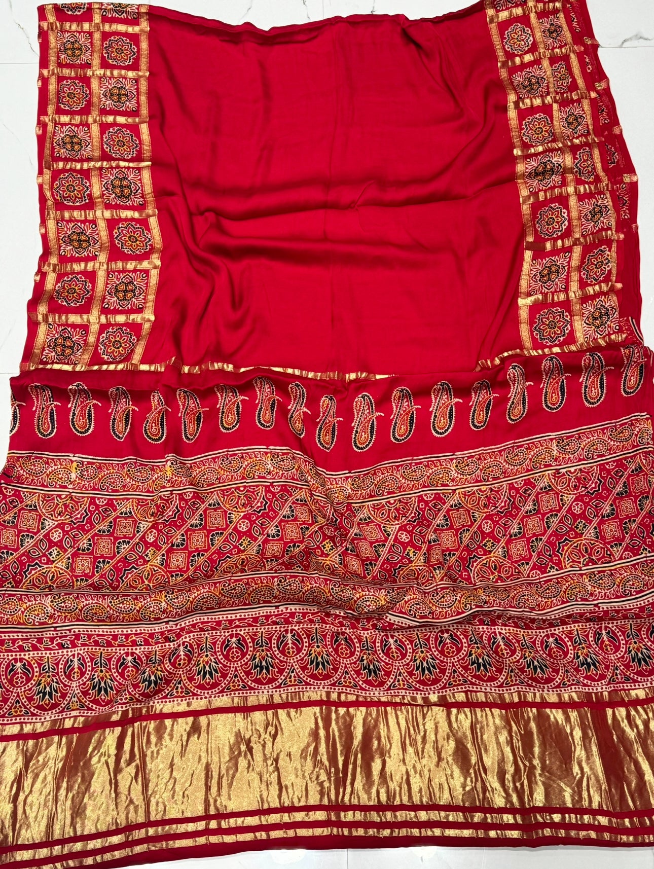 Red Ajrakh Gharchola Border Hand Block Pure Modal Silk Saree With Fancy Ajrakh And Zari Pallu