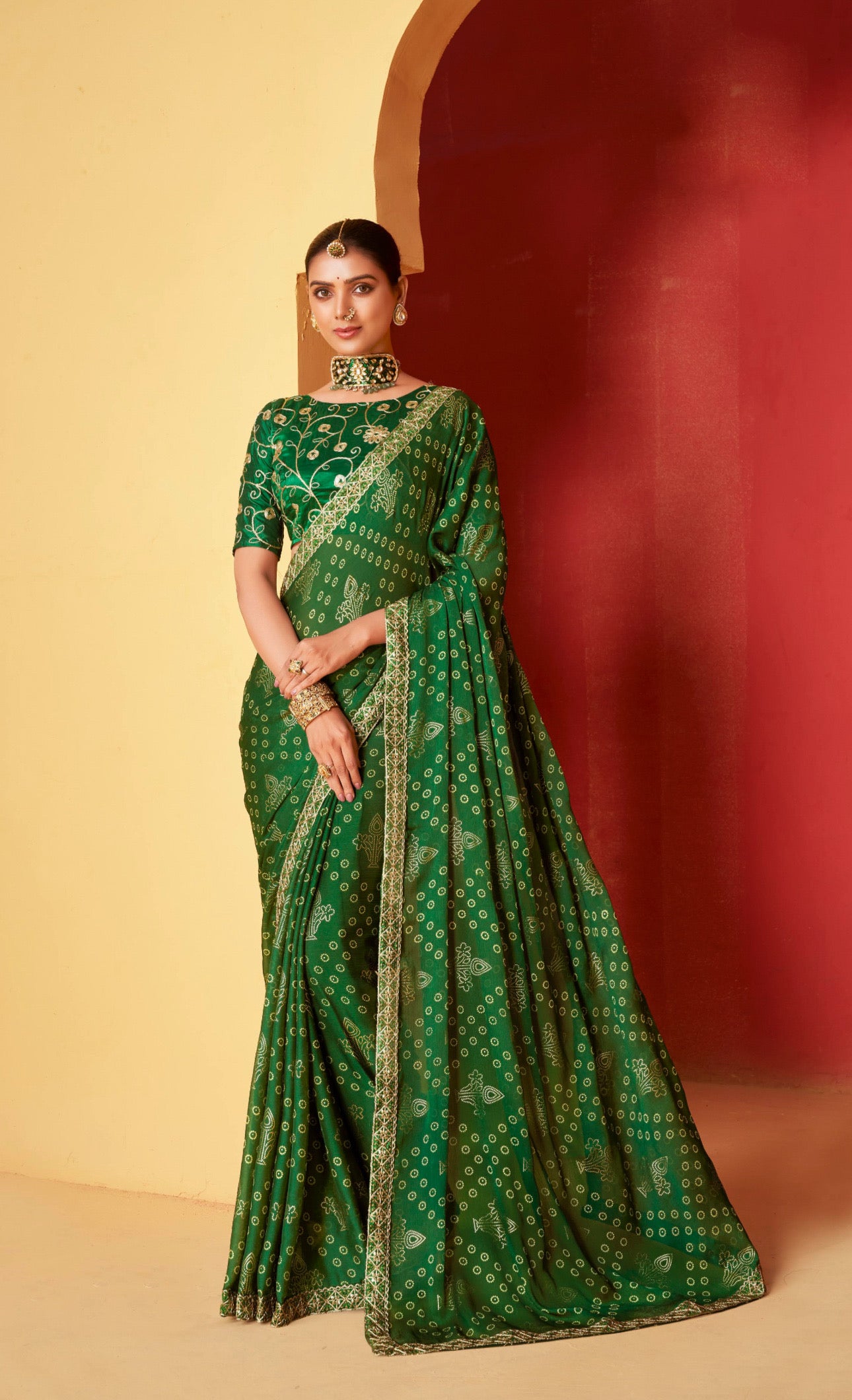 Green Moss Chiffon Foil Mill Print And Embroidery Work Border Saree With Fancy Work Blouse Sbs4