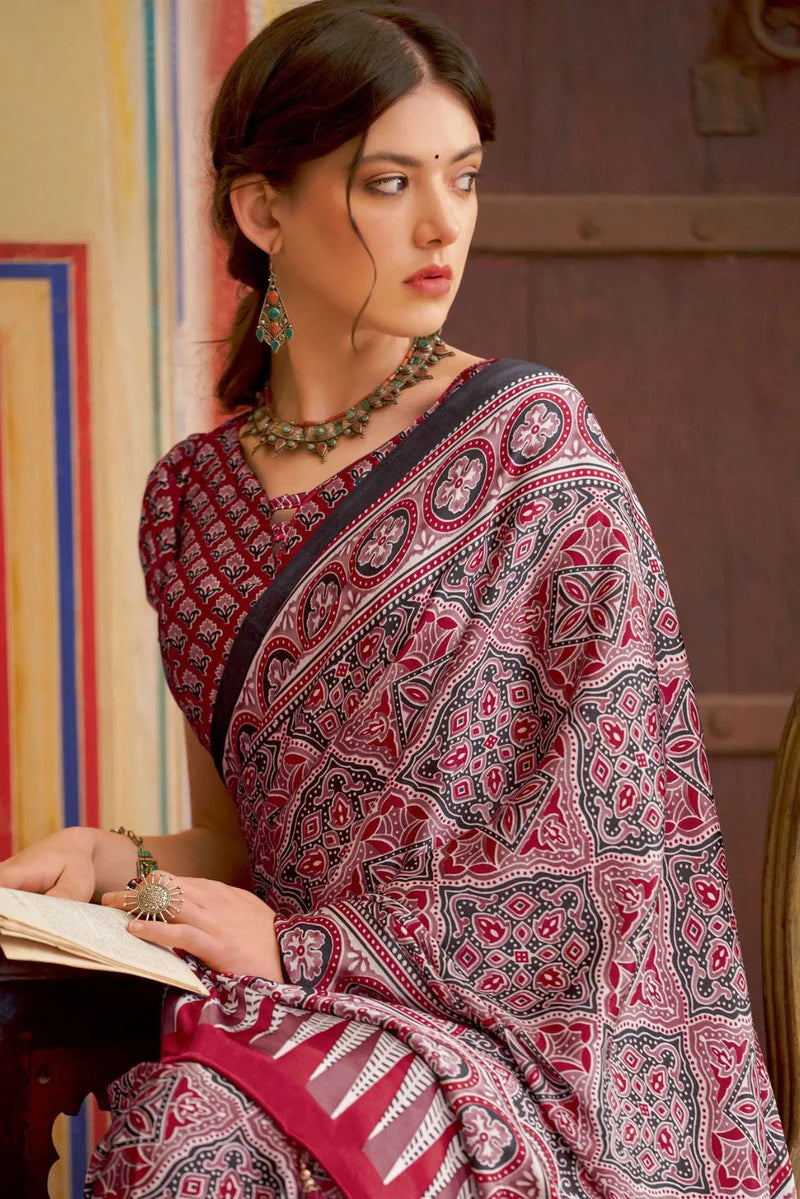 Black and Maroon New Ajrakh Printed Satin Crepe Saree