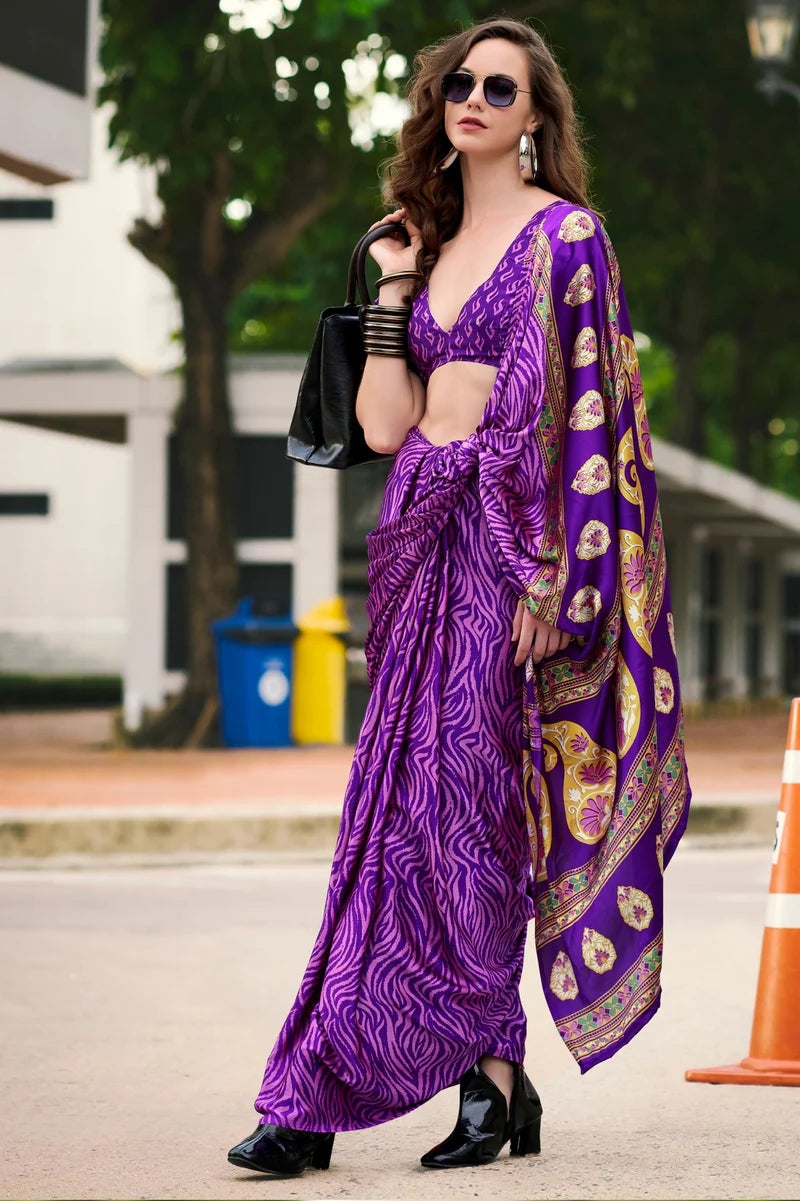 Purple Fancy Printed Satin Modal Silk Sarees R2