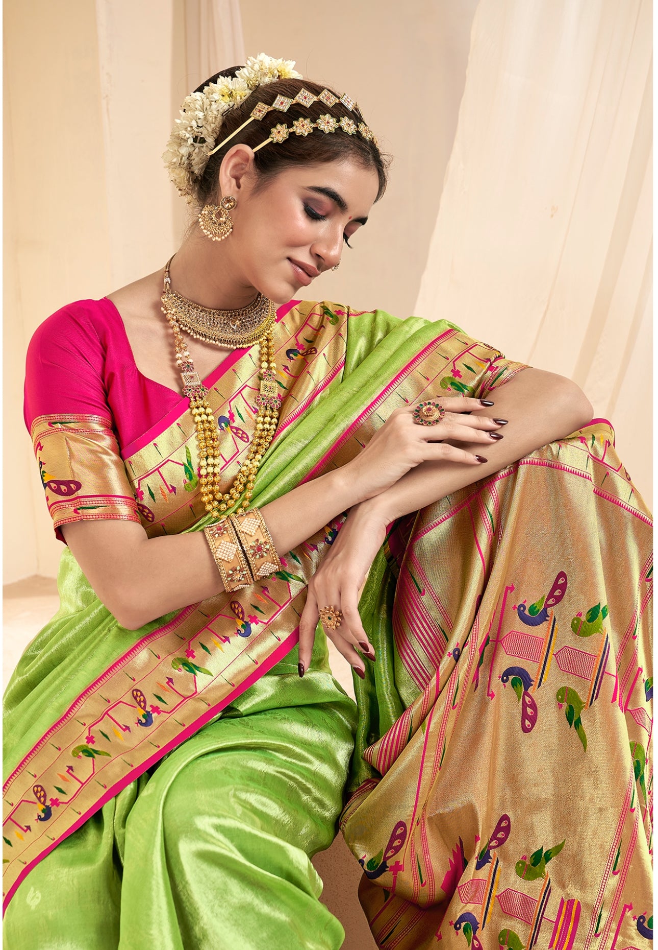 Light Olive Green Weaving Paithani Tissue Silk Saree RP5